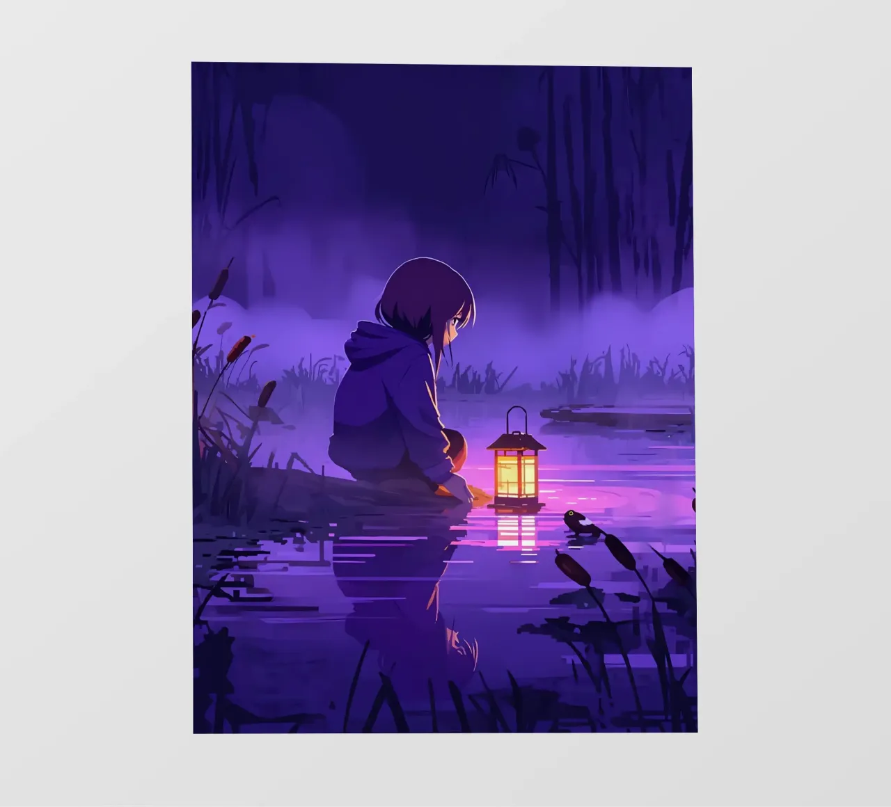 Ragazza con lanterna vicino allo stagno Lofi Art pellicola backlit da LoFi Gallery