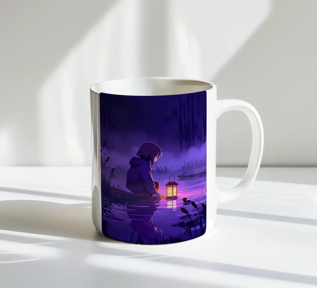 Ragazza con lanterna vicino allo stagno Lofi Art tazza in ceramica da LoFi Gallery