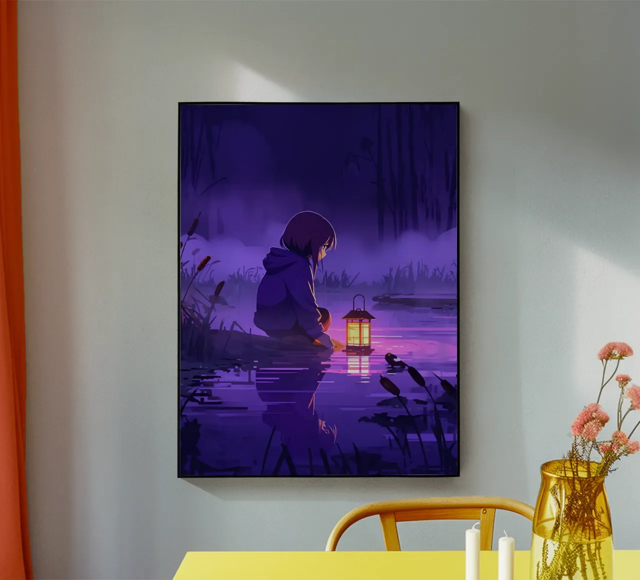 Ragazza con lanterna vicino allo stagno Lofi Art plexiglass da LoFi Gallery