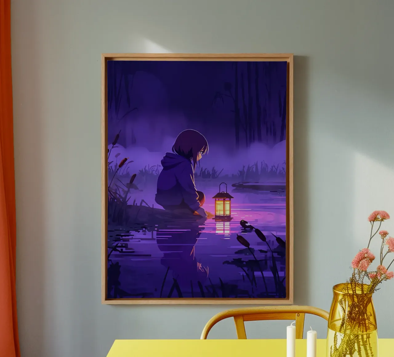 Ragazza con lanterna vicino allo stagno Lofi Art tela con Cornice a cassetta da LoFi Gallery
