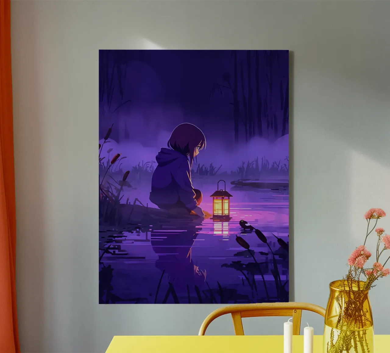 Ragazza con lanterna vicino allo stagno Lofi Art tela con Cornice a cassetta da LoFi Gallery