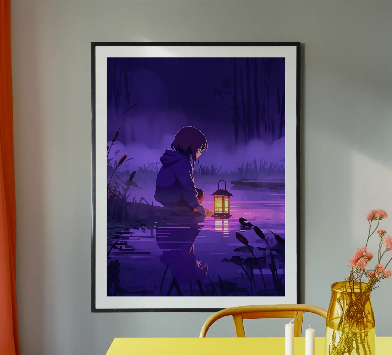 Ragazza con lanterna vicino allo stagno Lofi Art poster con telaio in plastica da LoFi Gallery