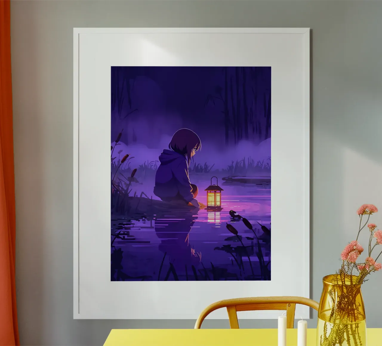 Ragazza con lanterna vicino allo stagno Lofi Art poster con telaio in plastica da LoFi Gallery