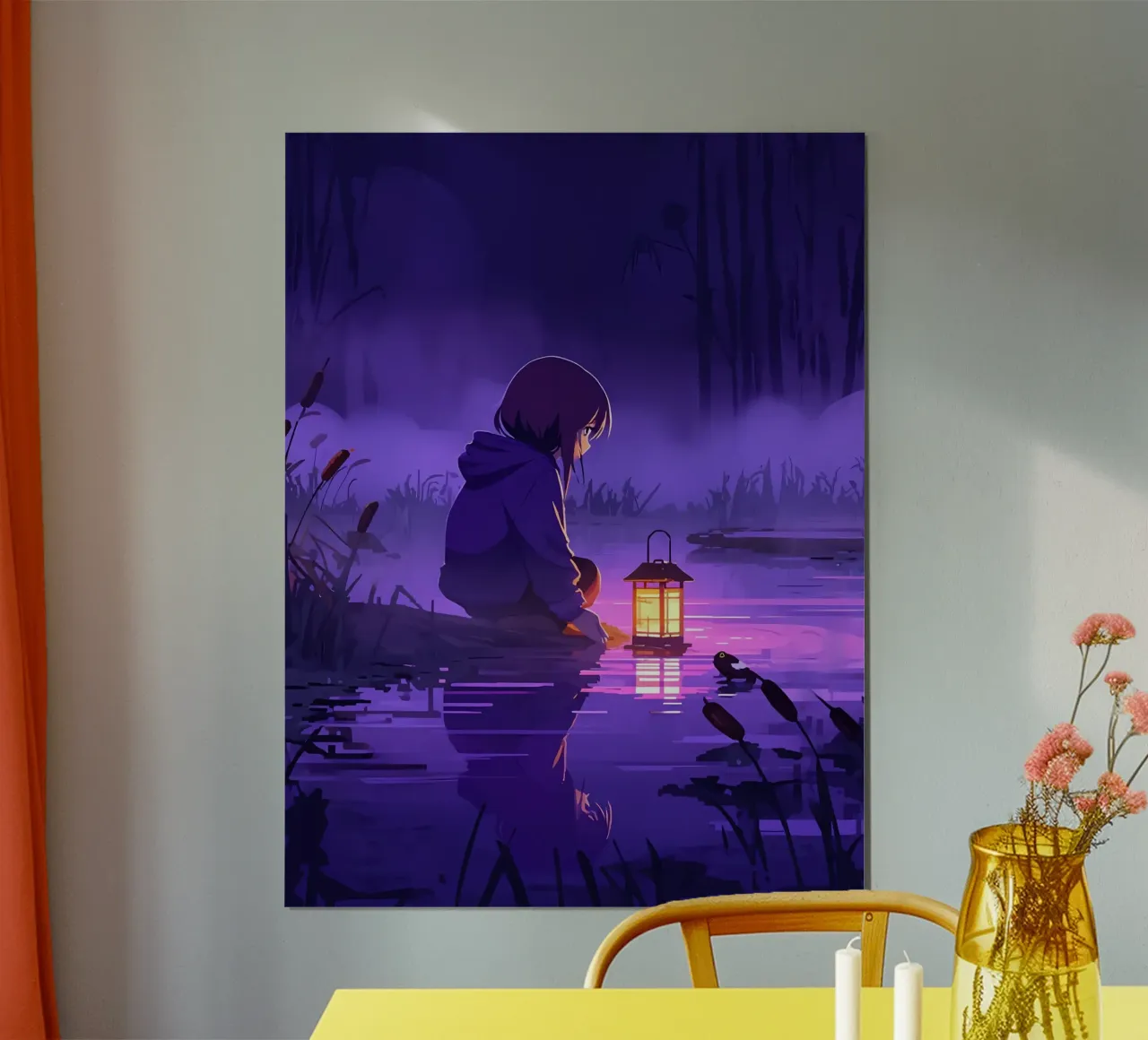 Ragazza con lanterna vicino allo stagno Lofi Art poster con telaio in plastica da LoFi Gallery