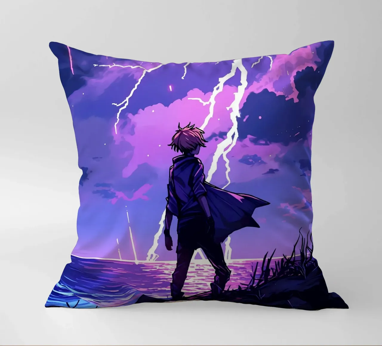 Ragazzo in una tempesta di fulmini Weather Lofi Art cuscino da LoFi Gallery