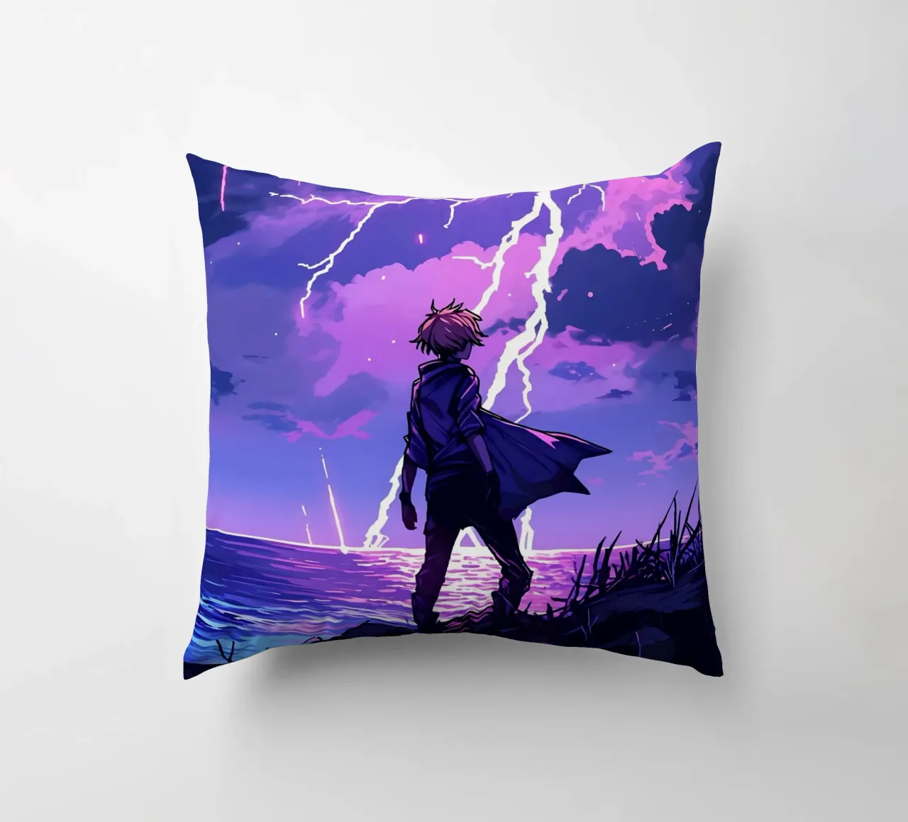 Ragazzo in una tempesta di fulmini Weather Lofi Art cuscino da LoFi Gallery