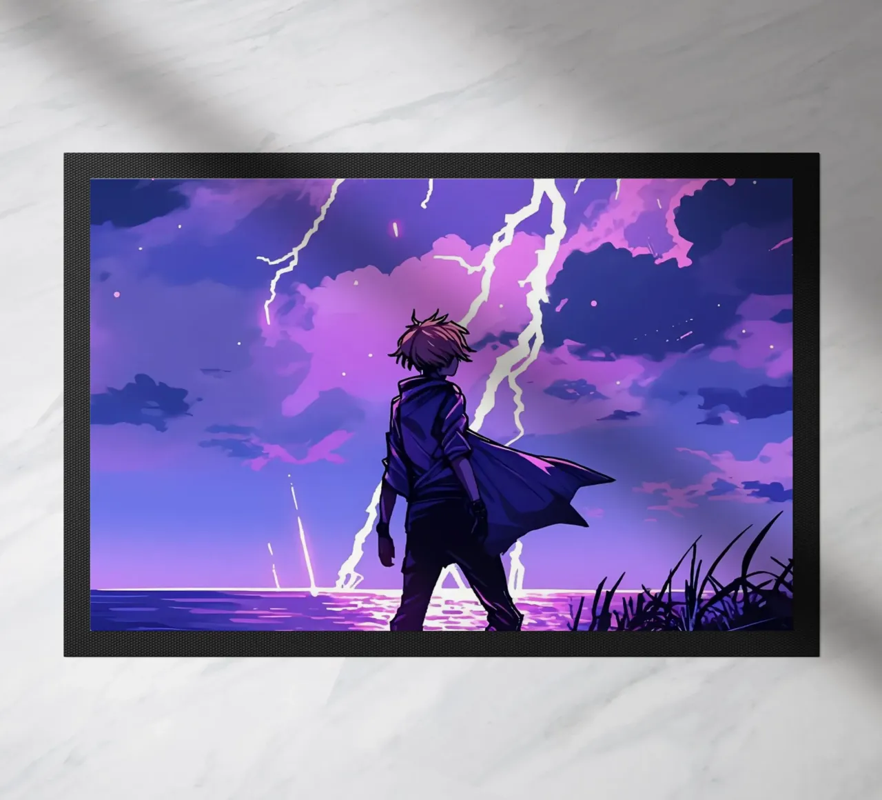 Ragazzo in una tempesta di fulmini Weather Lofi Art zerbino da LoFi Gallery