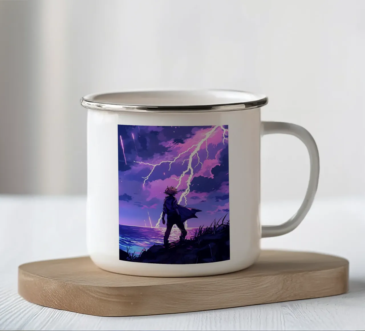 Ragazzo in una tempesta di fulmini Weather Lofi Art tazza in smalto da LoFi Gallery