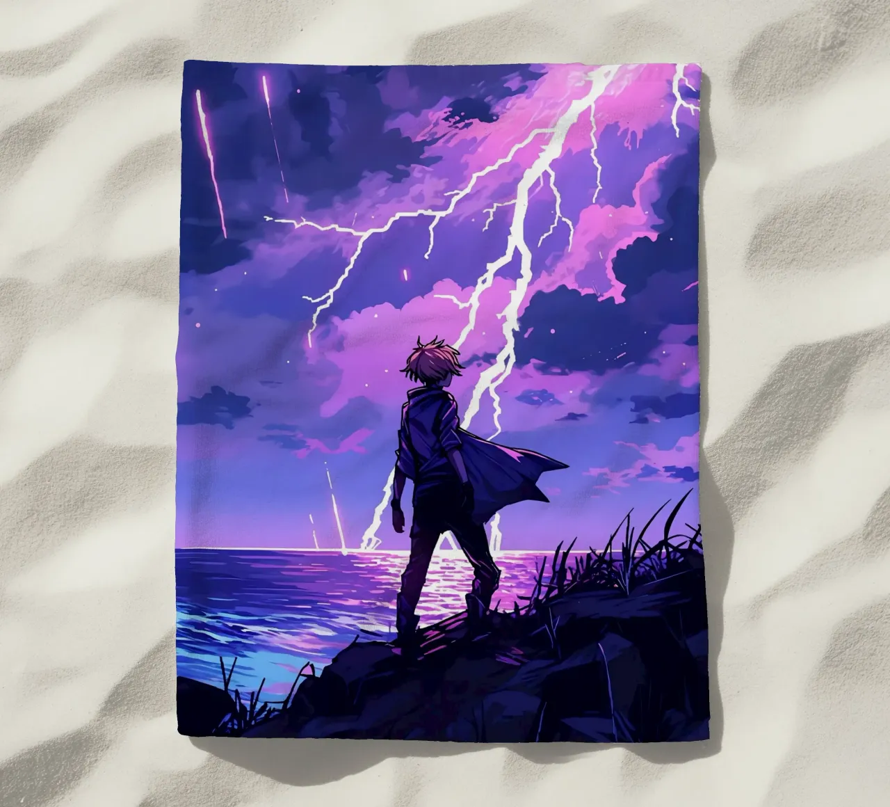 Ragazzo in una tempesta di fulmini Weather Lofi Art telo mare da LoFi Gallery