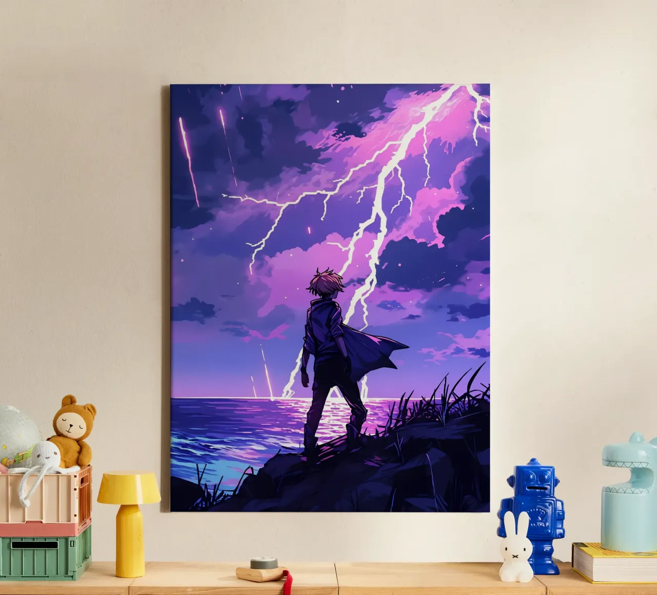 Ragazzo in una tempesta di fulmini Weather Lofi Art tela da LoFi Gallery