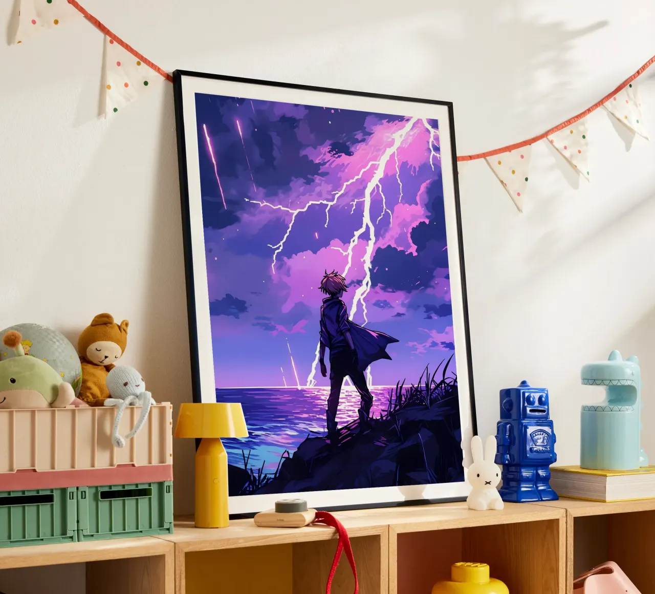 Ragazzo in una tempesta di fulmini Weather Lofi Art poster con telaio in plastica da LoFi Gallery