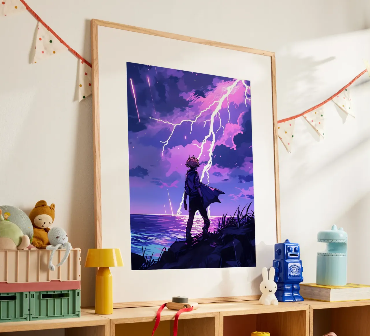 Ragazzo in una tempesta di fulmini Weather Lofi Art poster con telaio in plastica da LoFi Gallery
