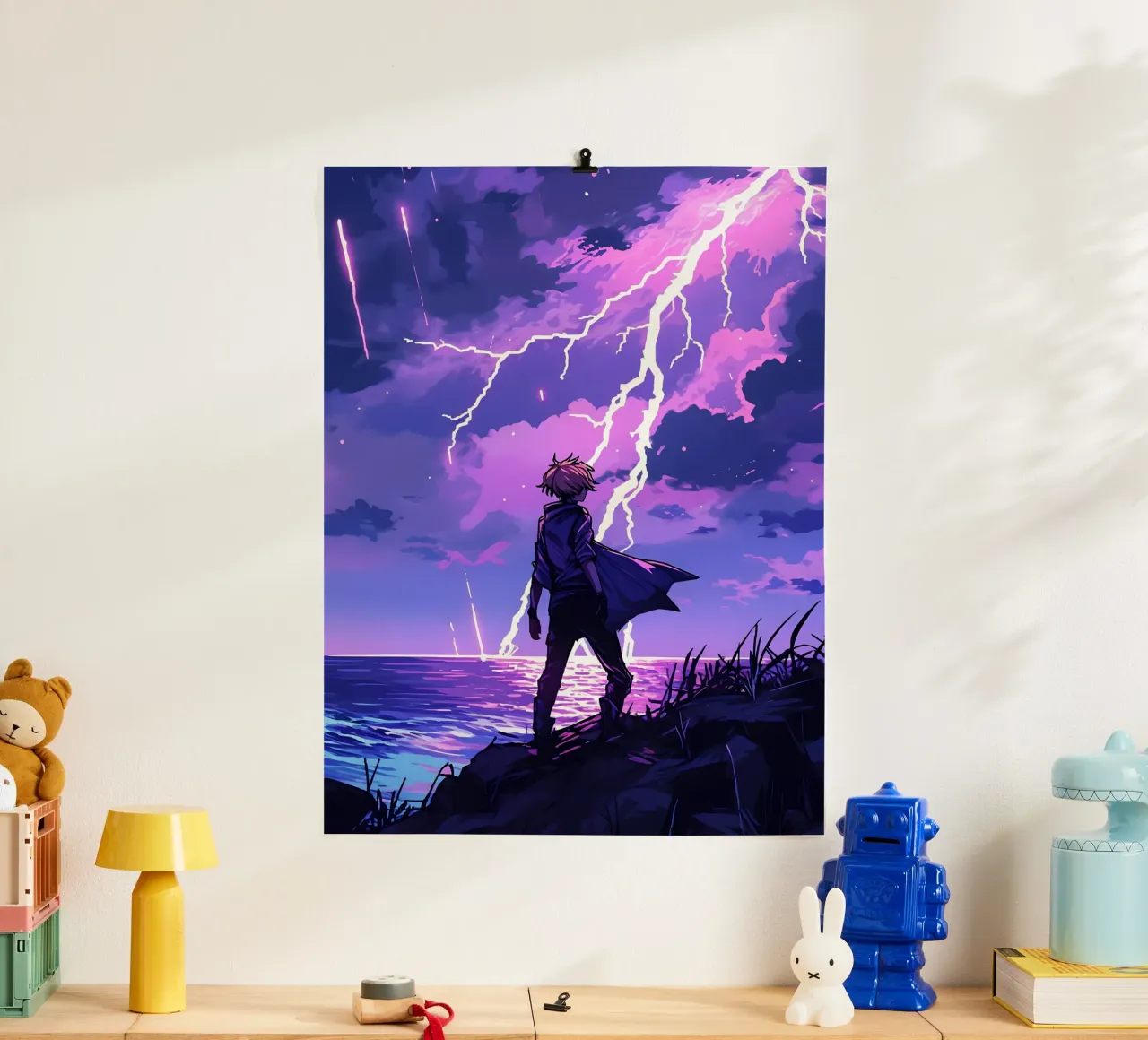 Ragazzo in una tempesta di fulmini Weather Lofi Art poster con telaio in plastica da LoFi Gallery