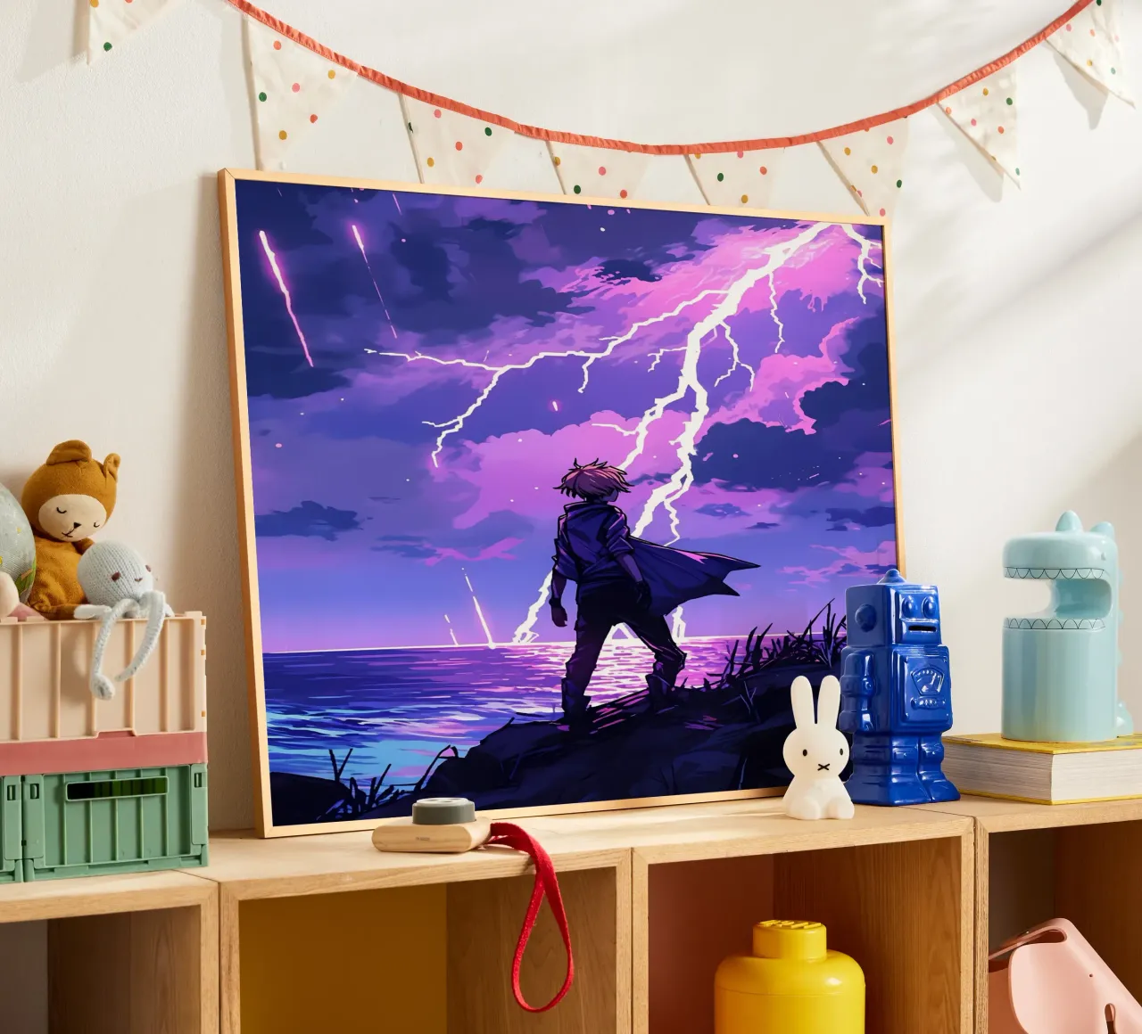 Ragazzo in una tempesta di fulmini Weather Lofi Art poster con telaio in plastica da LoFi Gallery