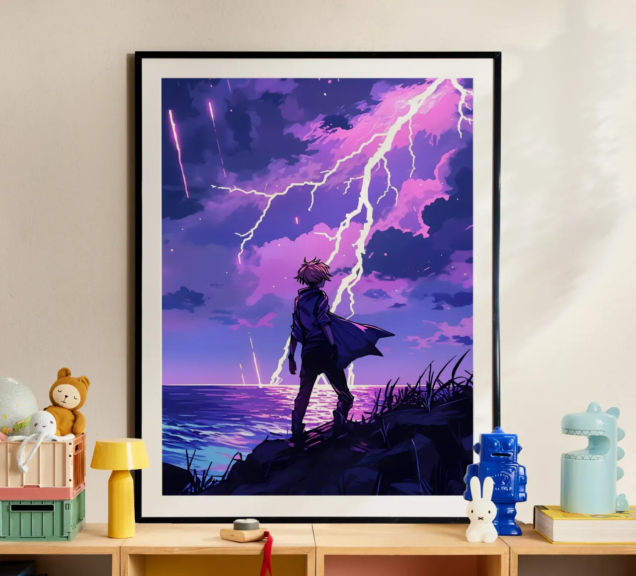 Ragazzo in una tempesta di fulmini Weather Lofi Art poster con telaio in plastica da LoFi Gallery