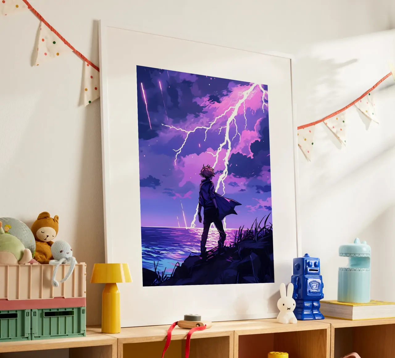 Ragazzo in una tempesta di fulmini Weather Lofi Art poster con telaio in plastica da LoFi Gallery