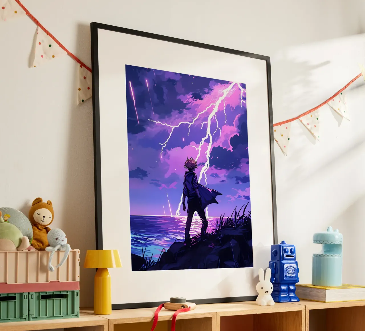 Ragazzo in una tempesta di fulmini Weather Lofi Art poster con telaio in plastica da LoFi Gallery