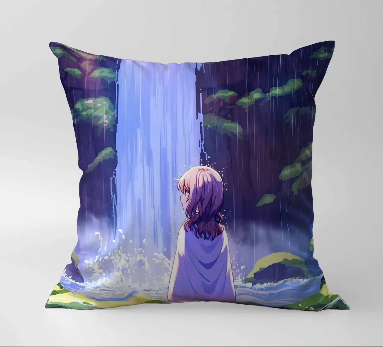 Ragazza in piedi vicino alla cascata Lofi Art cuscino da LoFi Gallery