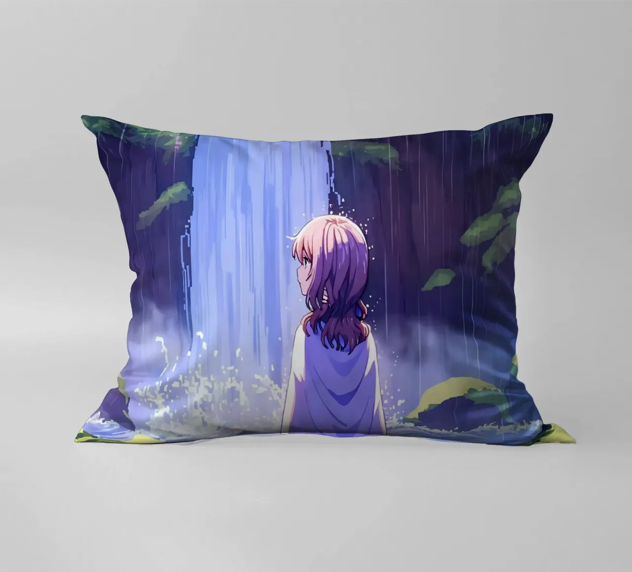 Ragazza in piedi vicino alla cascata Lofi Art cuscino da LoFi Gallery