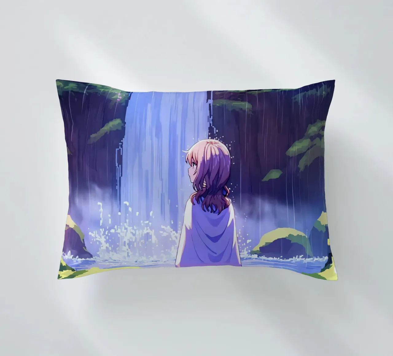 Ragazza in piedi vicino alla cascata Lofi Art cuscino da LoFi Gallery