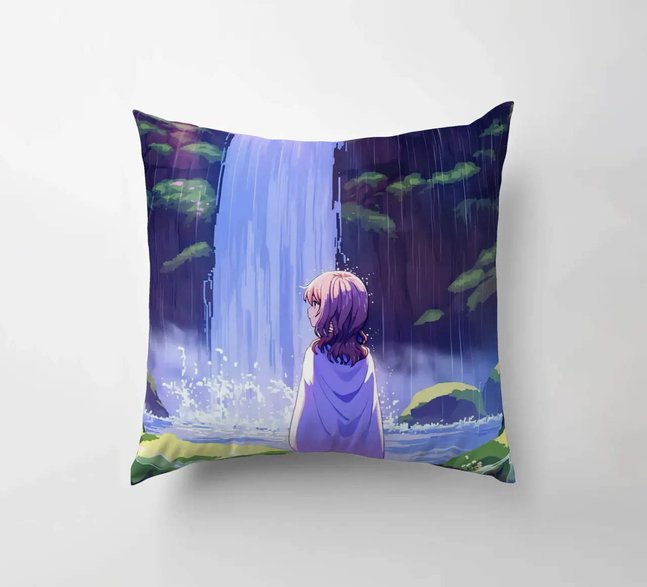 Ragazza in piedi vicino alla cascata Lofi Art cuscino da LoFi Gallery