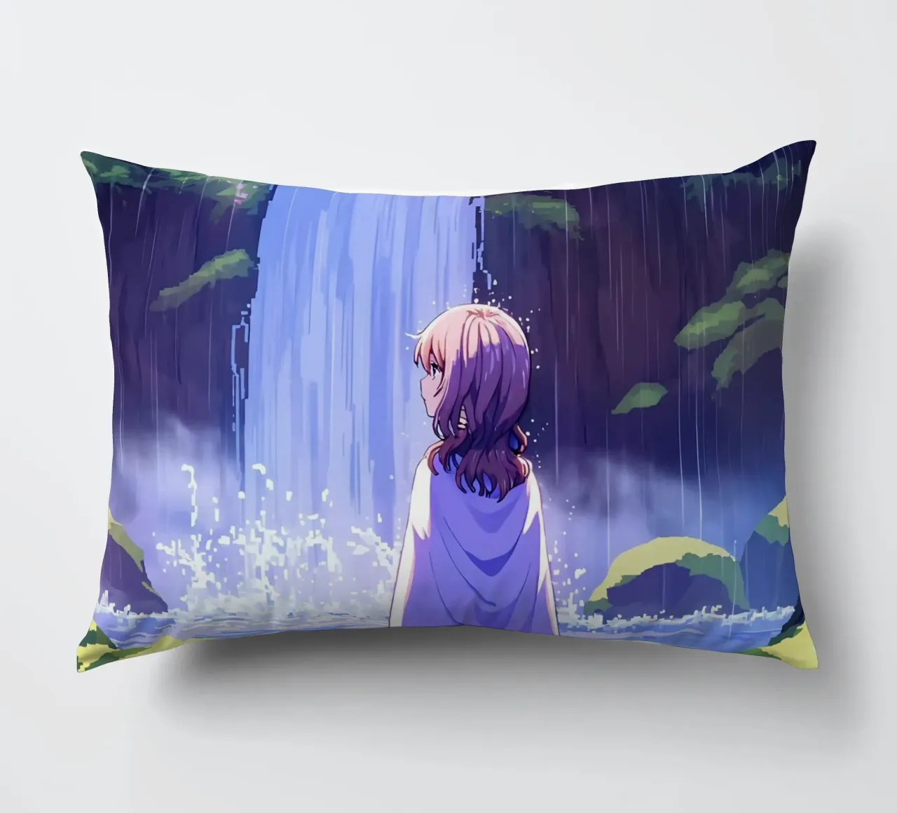Ragazza in piedi vicino alla cascata Lofi Art cuscino da LoFi Gallery