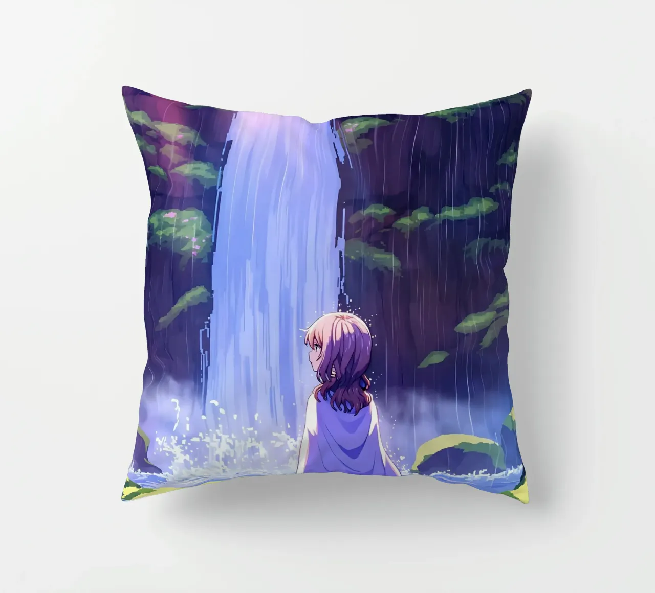 Ragazza in piedi vicino alla cascata Lofi Art cuscino da LoFi Gallery