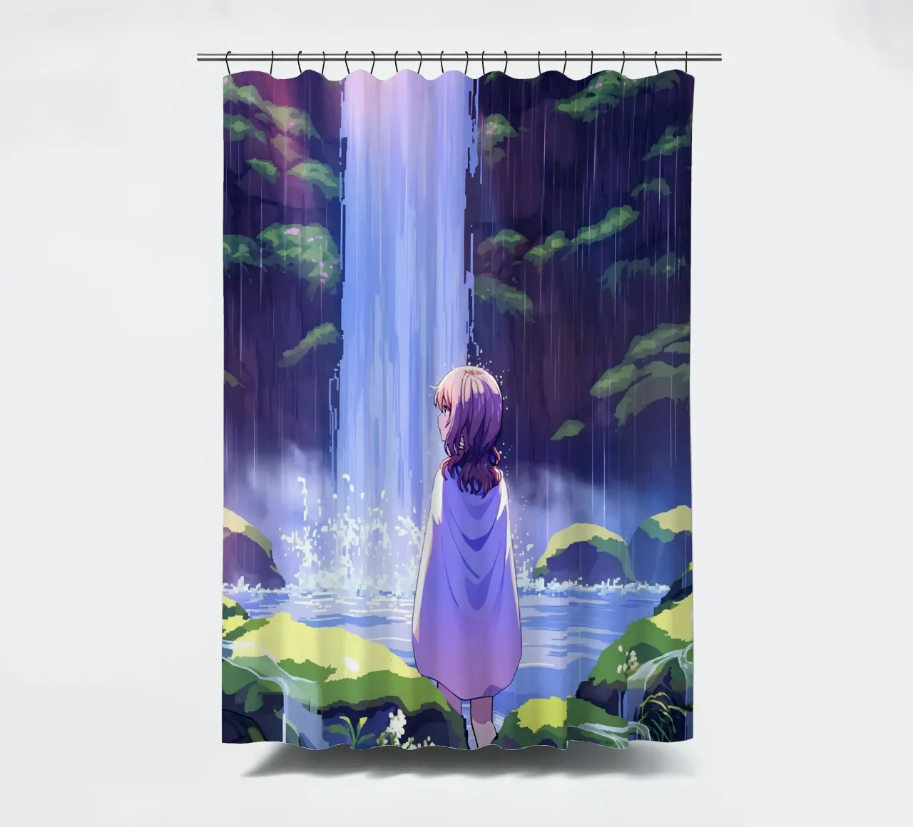 Girl Standing Near Waterfall Lofi Art shower curtain by LoFi Gallery