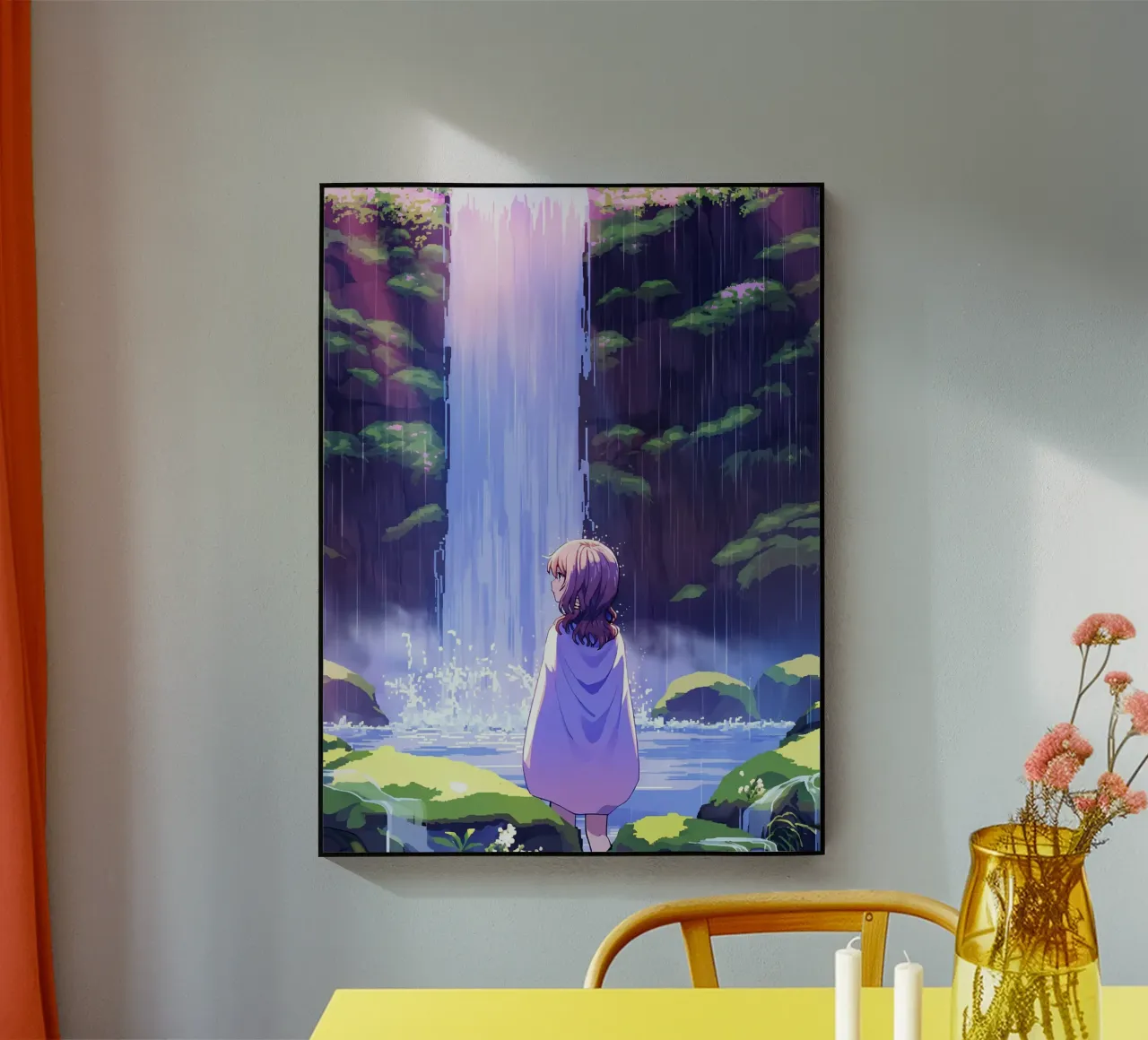 Girl Standing Near Waterfall Lofi Art acrylic glass by LoFi Gallery
