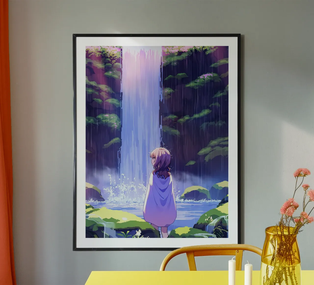 Girl Standing Near Waterfall Lofi Art poster by LoFi Gallery