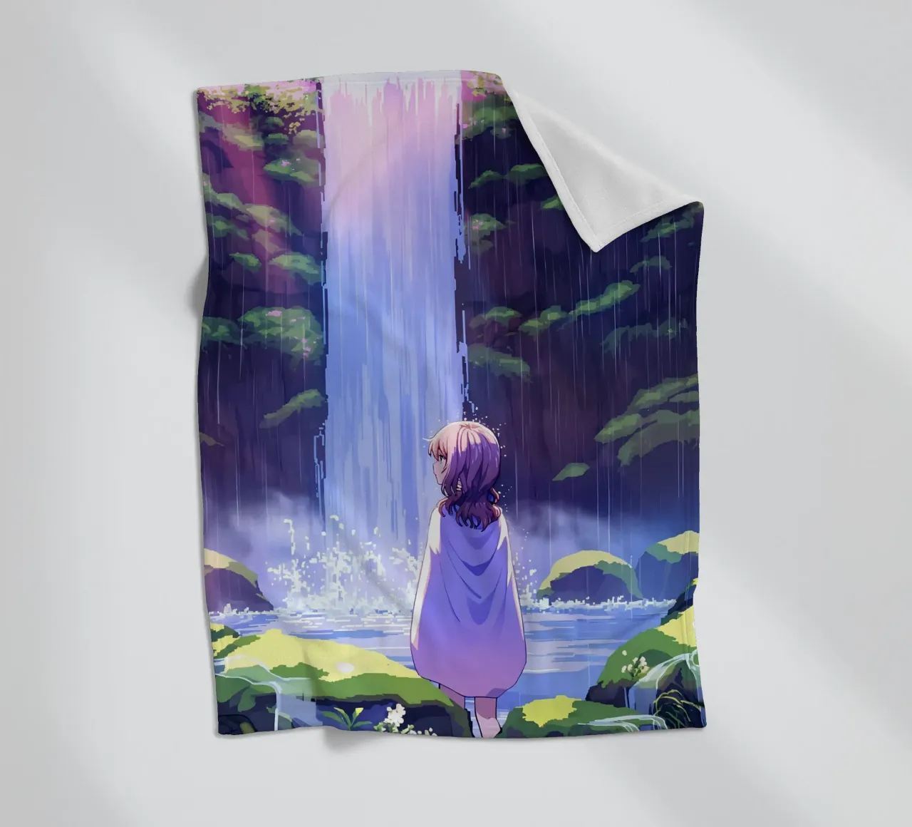 Girl Standing Near Waterfall Lofi Art fleece blanket by LoFi Gallery