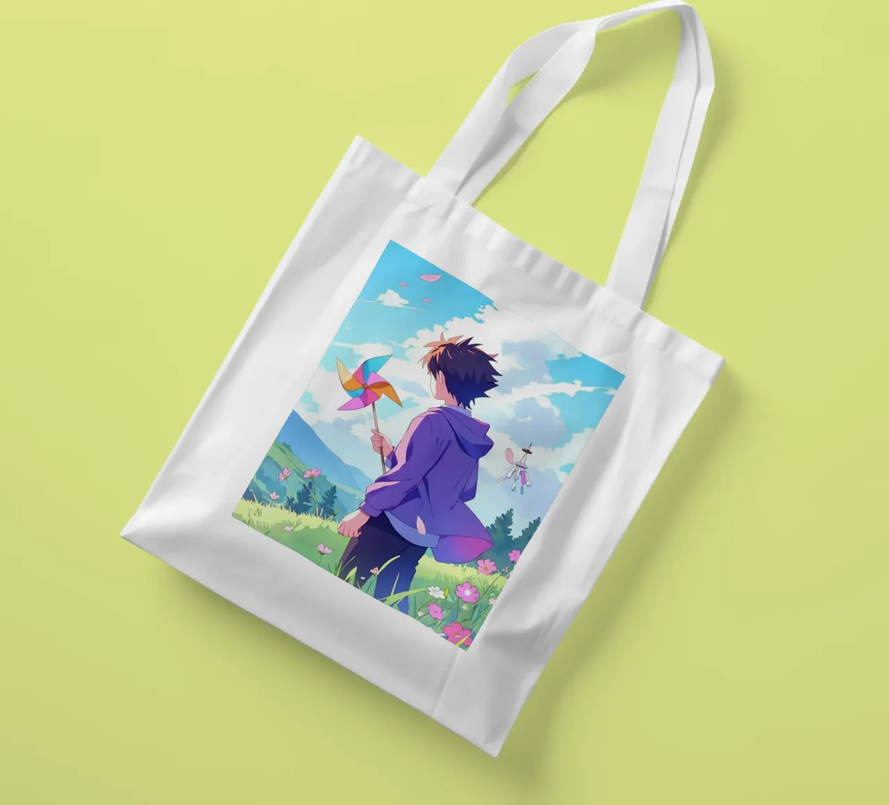 Ragazzo che tiene una girandola in un paese floreale Lofi Art borsa in juta da LoFi Gallery