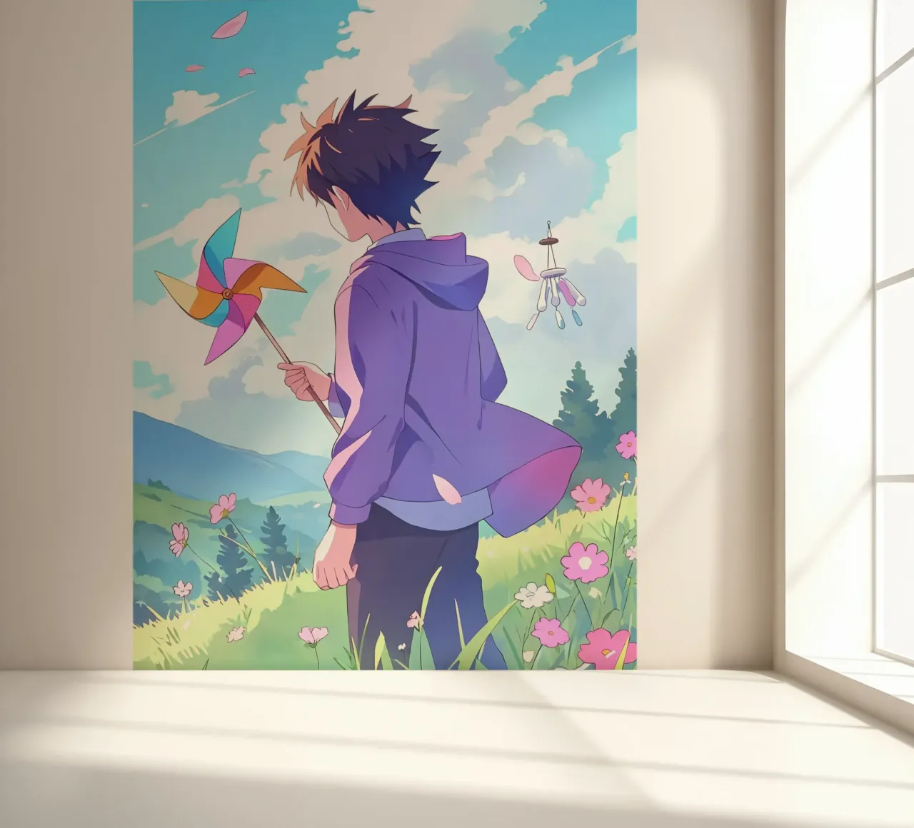 Junge hält Pinwheel in einem Blumenland Lofi Art Fototapete von LoFi Gallery