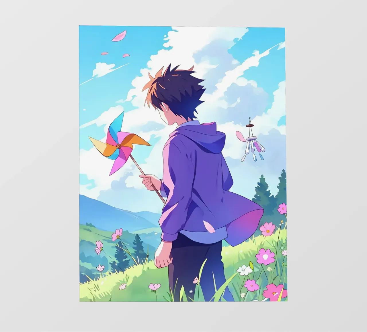 Junge hält Pinwheel in einem Blumenland Lofi Art Fototapete von LoFi Gallery