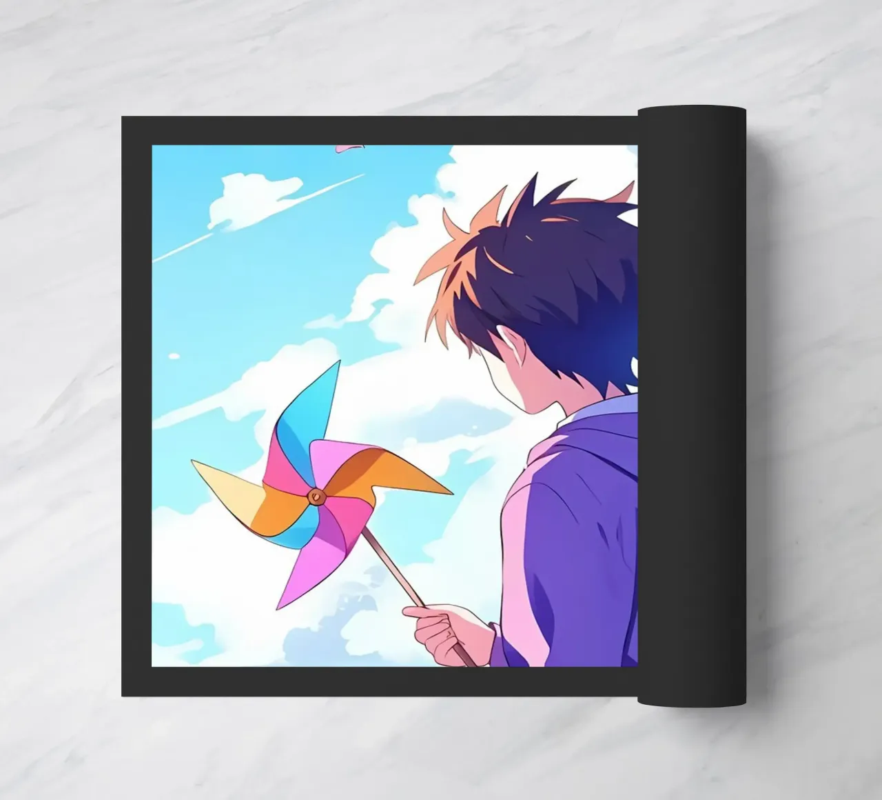 Ragazzo che tiene una girandola in un paese floreale Lofi Art zerbino da LoFi Gallery