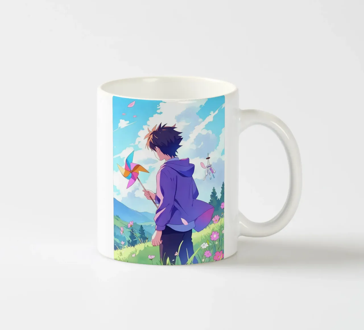 Ragazzo che tiene una girandola in un paese floreale Lofi Art tazza in ceramica da LoFi Gallery