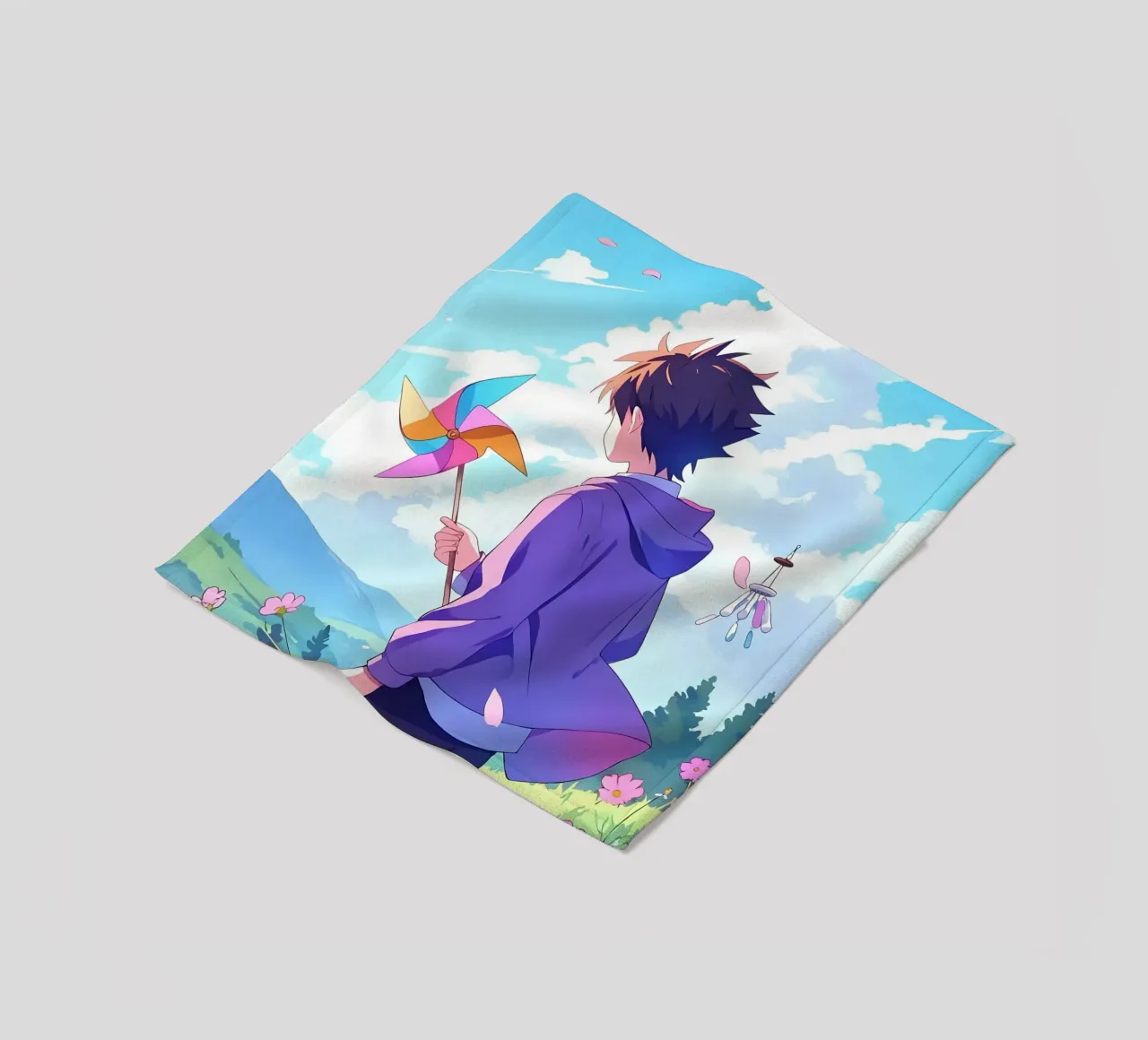 Ragazzo che tiene una girandola in un paese floreale Lofi Art coperta in pile da LoFi Gallery