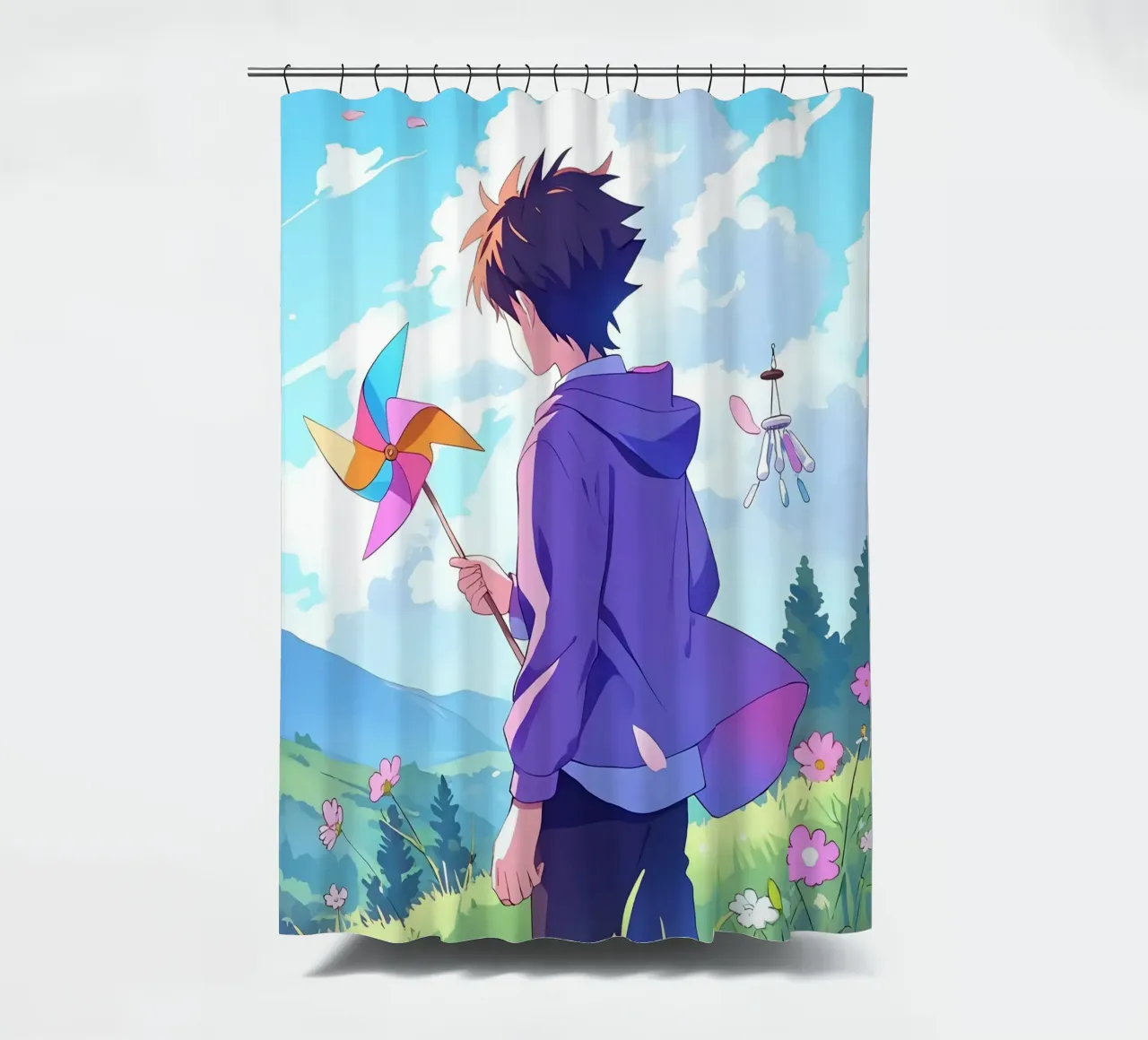 Ragazzo che tiene una girandola in un paese floreale Lofi Art tenda da doccia da LoFi Gallery