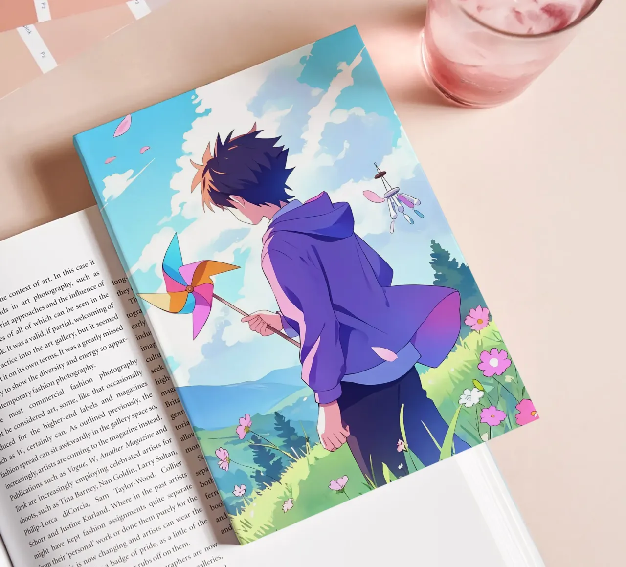 Junge hält Pinwheel in einem Blumenland Lofi Art Notizbuch von LoFi Gallery