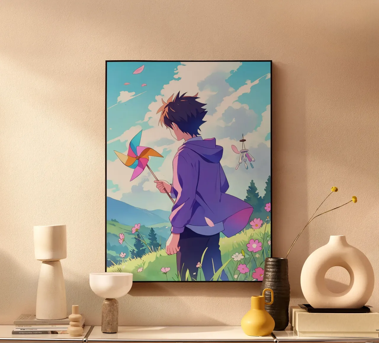 Niño con un molinete en una tierra de flores Lofi Art metacrilato de LoFi Gallery