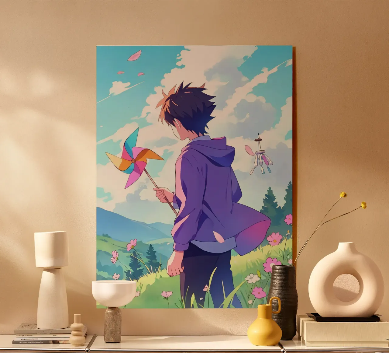 Niño con un molinete en una tierra de flores Lofi Art metacrilato de LoFi Gallery