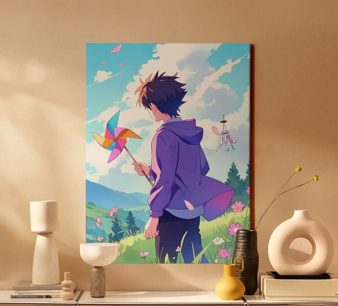 Junge hält Pinwheel in einem Blumenland Lofi Art Leinwand von LoFi Gallery