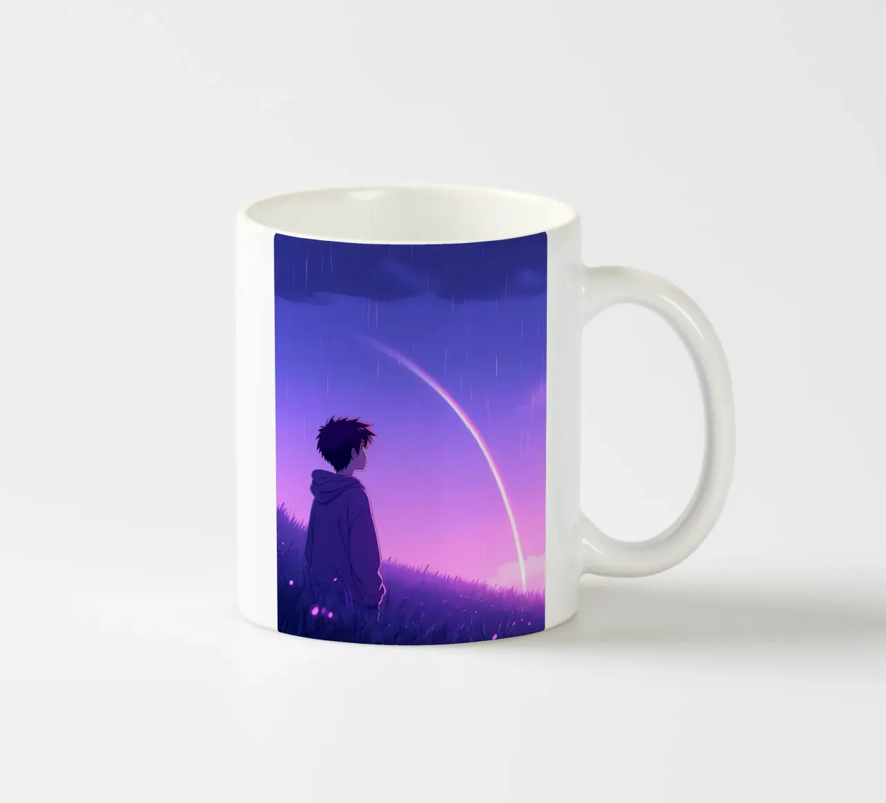 Ragazzo che guarda l'arcobaleno in un prato Lofi Art tazza in ceramica da LoFi Gallery