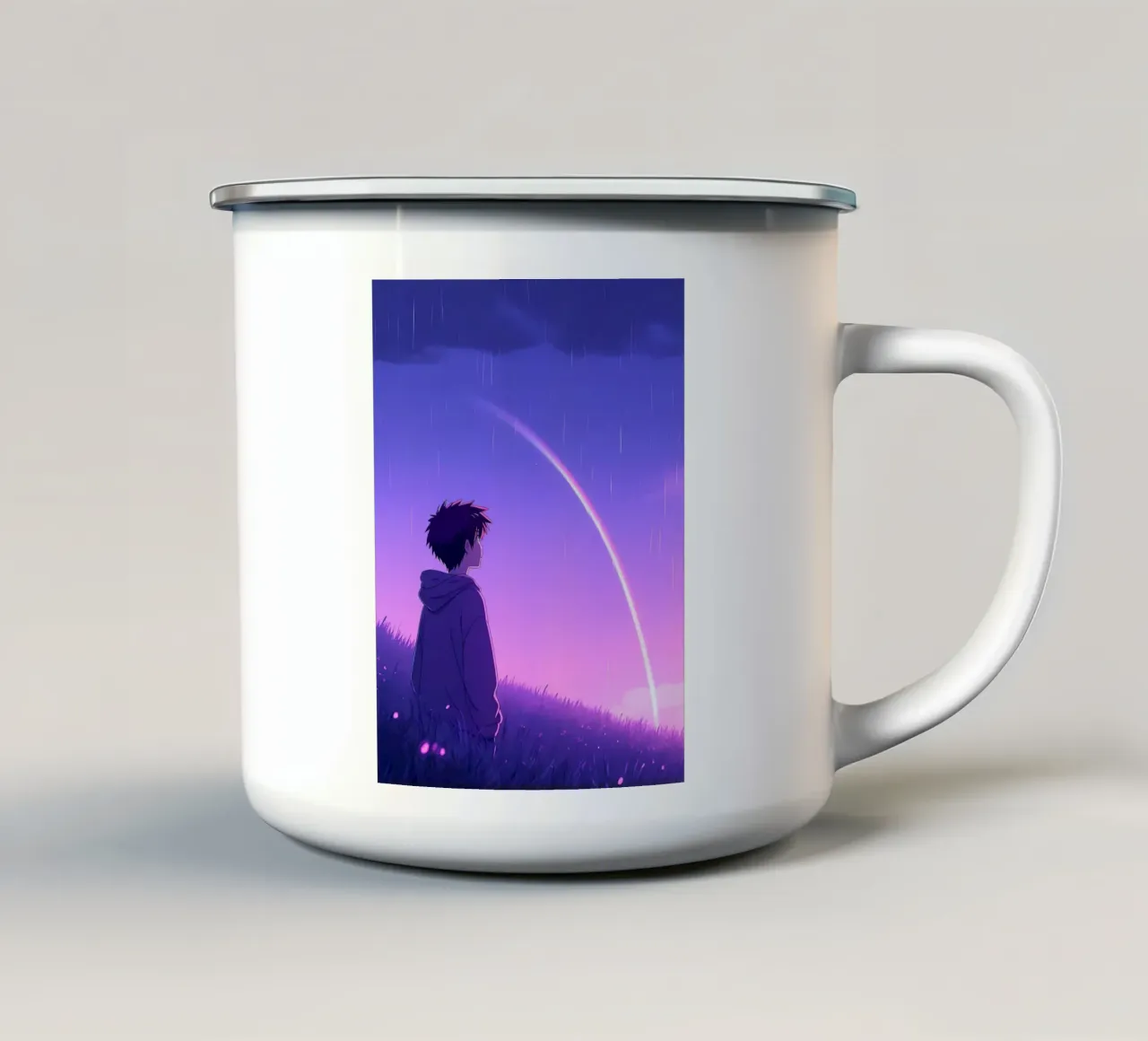 Ragazzo che guarda l'arcobaleno in un prato Lofi Art tazza in smalto da LoFi Gallery