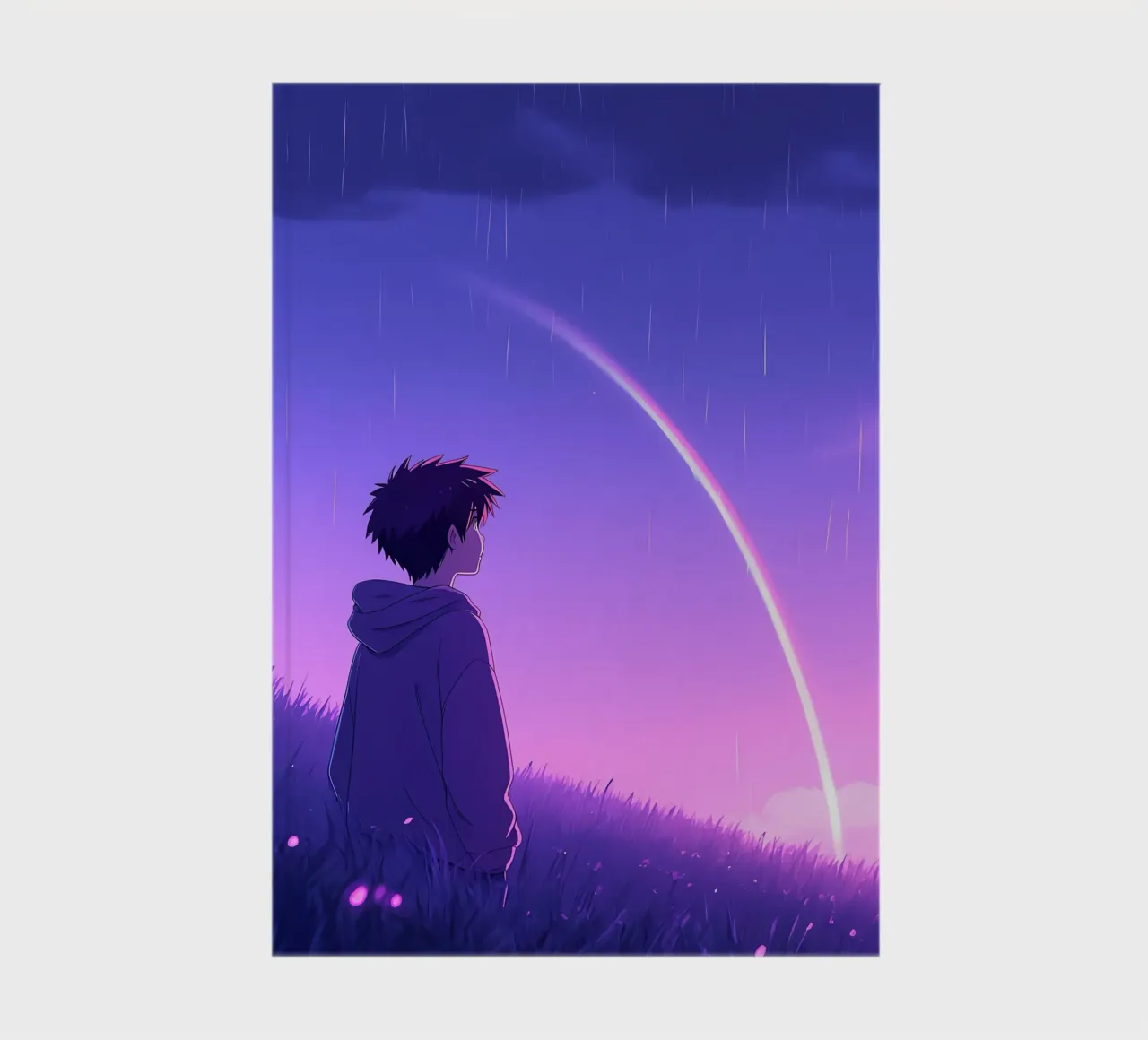 Garçon regardant un arc-en-ciel dans une prairie Lofi Art carnet de notes de LoFi Gallery
