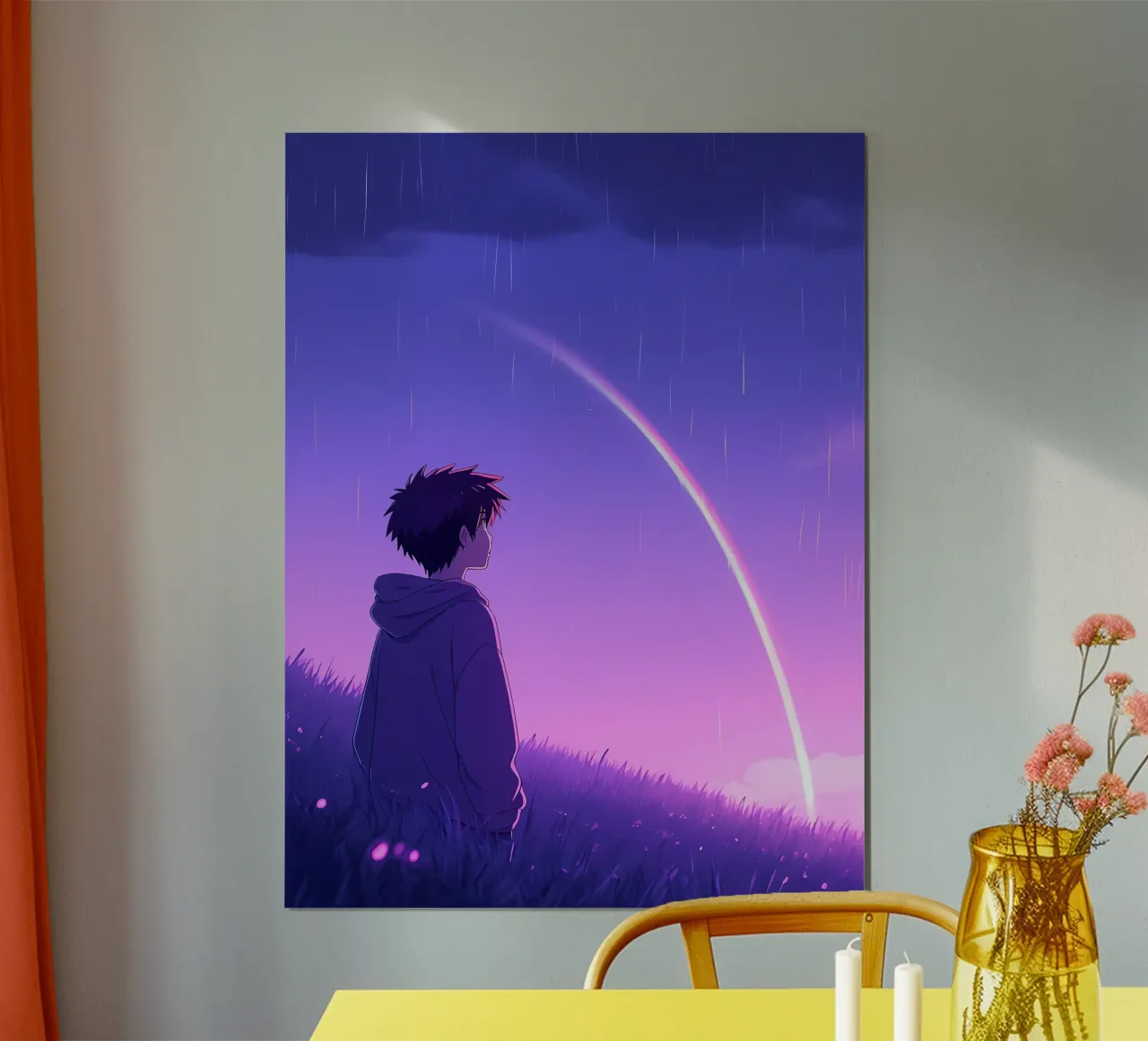 Ragazzo che guarda l'arcobaleno in un prato Lofi Art poster con telaio in alluminio da LoFi Gallery