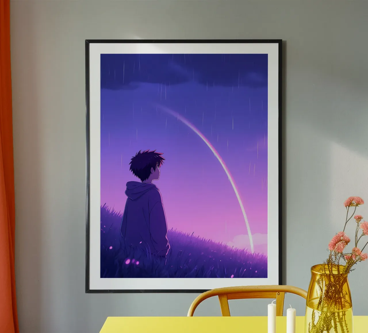 Ragazzo che guarda l'arcobaleno in un prato Lofi Art poster con telaio in alluminio da LoFi Gallery