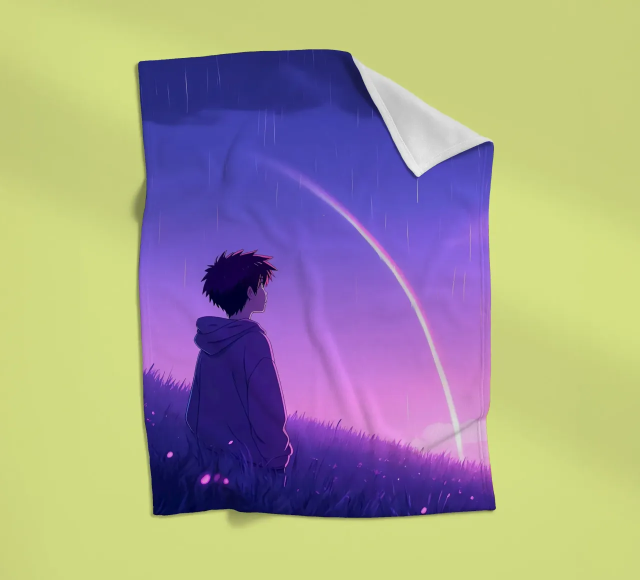 Junge mit Blick auf Regenbogen in einer Wiese Lofi Art Fleecedecke von LoFi Gallery