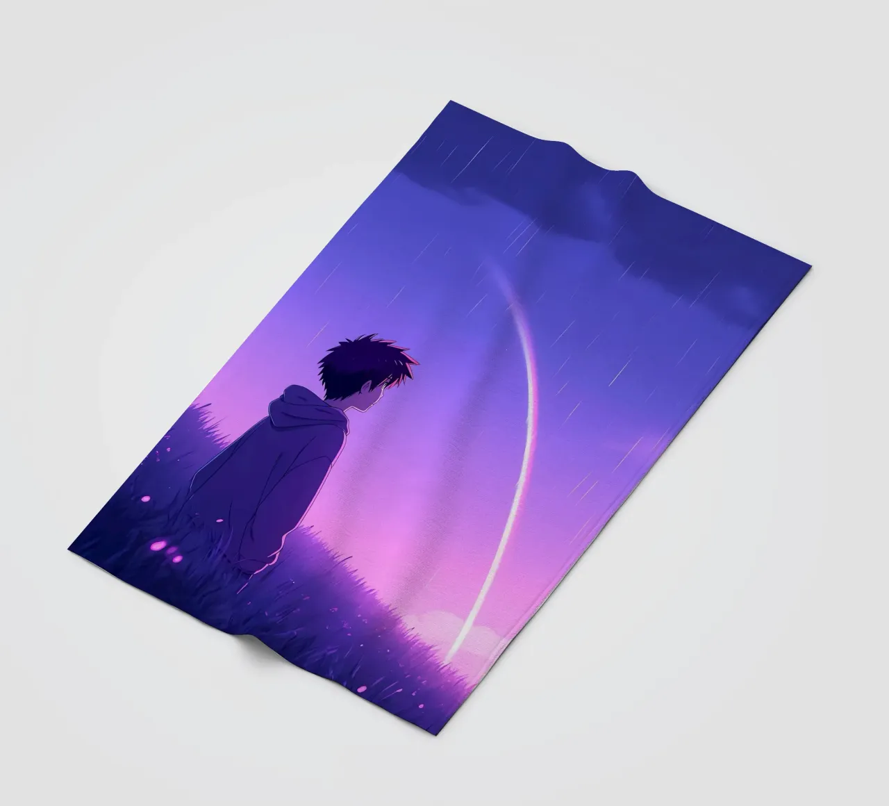 Junge mit Blick auf Regenbogen in einer Wiese Lofi Art Fleecedecke von LoFi Gallery