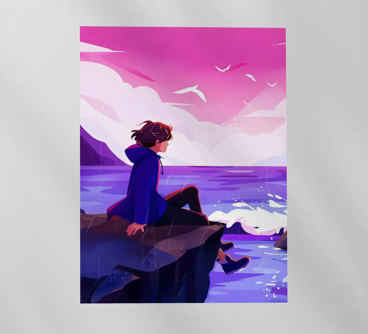 Ragazzo seduto a Ocean Cliff Lofi Art pellicola backlit da LoFi Gallery